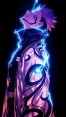 a man with purple hair is standing in the dark with a lightning bolt coming out of his jacket .