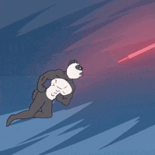 a cartoon of a panda bear flying through the air with a red explosion in the background