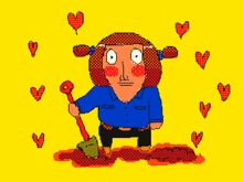a cartoon drawing of a girl holding a shovel