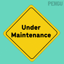 a penguin wearing a hard hat is holding a wrench in front of a yellow sign that says " under construction "