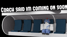 a cartoon character sits under a sign that says coach said im coming on soon ..