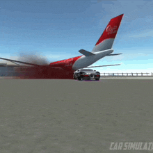 a car simulator game is being played with a plane behind it