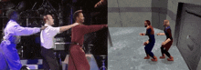 a group of men are dancing on a stage next to a video game screen