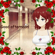 a picture of a girl with red hair and the words good afternoon surrounded by red roses