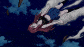 a woman with red hair is flying through the air