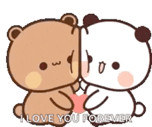 a couple of teddy bears hugging each other and holding a heart .