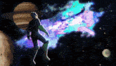 a cartoon of a man in a space suit standing in front of a planet