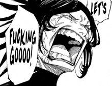 a black and white drawing of a woman screaming with her mouth open and the words `` fucking goooo '' .
