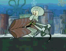 a cartoon of squidward from spongebob squarepants carrying a couch