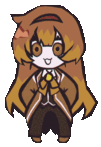 a pixel art of a girl with long brown hair and a bow tie .