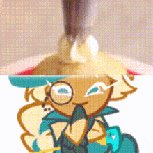 a close up of a cookie with glasses and a blue hat