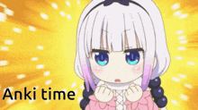 a cartoon girl with blue eyes and the words " anki time "