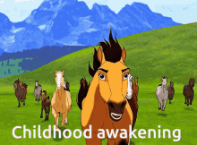 a group of horses are running in a field with the words childhood awakening written below them