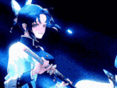 a girl with blue hair is holding a sword in her hands .
