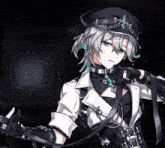 a girl with a hat and gloves is holding a sword