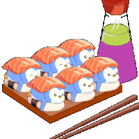 a cartoon drawing of penguins eating sushi next to chopsticks and a bottle of soy sauce