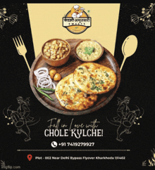 an advertisement for chole kulche shows a plate of food and a phone number