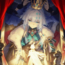 a girl with a crown on her head is sitting in front of a red curtain