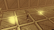 a black and white photo of a person standing on a tiled floor in a room .