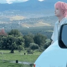 a woman with pink hair is standing next to a car in front of a mountain range .