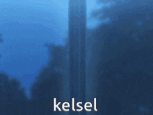 a blue background with the word kelsel written on it