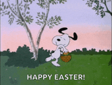 a cartoon of snoopy holding an easter basket with the words happy easter written on the bottom