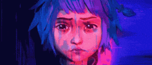 a close up of a cartoon character 's face with a tear running down her face .