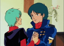 a couple of anime characters standing next to each other with one holding a book