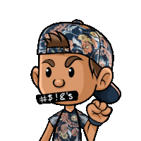 a cartoon character with a floral hat and a sticker on his mouth that says $ ! & 's