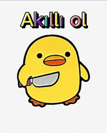 a cartoon duck is holding a knife in its mouth and the words akilli ol are below it