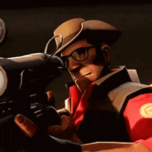 a cartoon character with glasses and a hat holding a gun