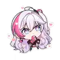 a chibi girl with long white hair and pink highlights is holding a heart in her mouth .