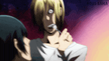 a man with a spoon in his mouth is standing next to another man with a purple background