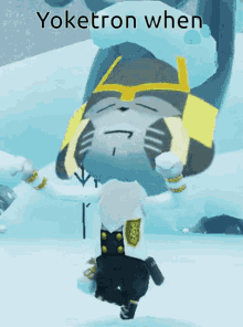 a video game character says yoketron when standing in front of a large monster