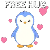 a blue penguin is hugging a pink heart with the words free hug above it