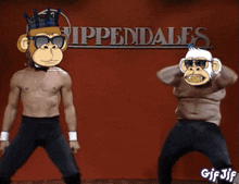 two monkeys are dancing in front of a rippendales sign