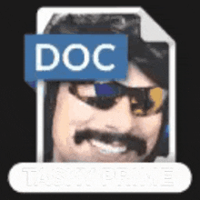 a picture of a man with a mustache and sunglasses with a doc file behind him