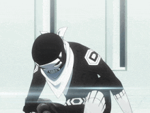 a person wearing a black and white superhero costume with the letter o on it