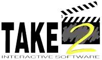 a logo for take 2 interactive software with a clapper board in the background