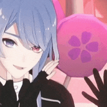a girl with blue hair is standing in front of a pink lollipop with a purple flower on it .