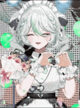 a girl in a maid costume is making a heart shape with her hands