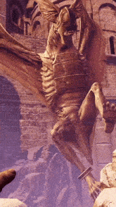 a statue of a dragon with a purple background