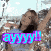 a woman with her arms outstretched and the words dj ayyyy !!