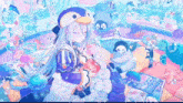 a girl with long white hair and a penguin hat is sleeping in a room surrounded by animals .
