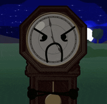 a clock with an angry face and a moon in the background shows the time as 10:10