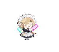 a girl in a maid costume is holding a lightning bolt