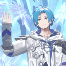 a cartoon character with blue hair and a white jacket