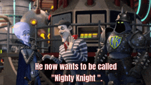 a cartoon scene with the words he now wants to be called nighty knight