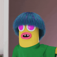 a yellow character with blue hair and pink lips