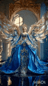 a woman in a blue and gold dress with wings is standing in front of a mirror .